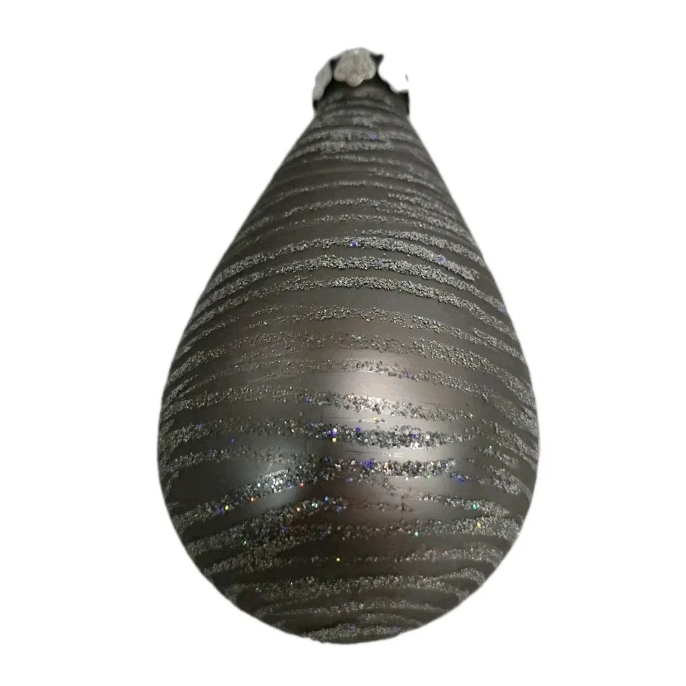 Large Vintage Silver Glitter Teardrop Christmas Ornament Striped Onion Shape